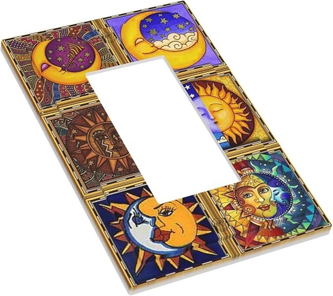 Mexican Talavera Tiles Star Pattern Celestials Theme Print Decorative Outlet Covers 1 Gang Single Rocker Light Switch Cover Plate Wall Plates GFCI Faceplate for Kitchen Home Decor