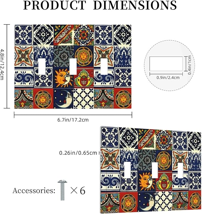 Boho Moroccan Mandala Mexican Tile 3 Gang Light Switch Cover, Kitchen Mosaic Boho Moon and Sun Tiles Decorative Triple Toggle Wall Plate Cover Electrical Three Device Switch Face Plate