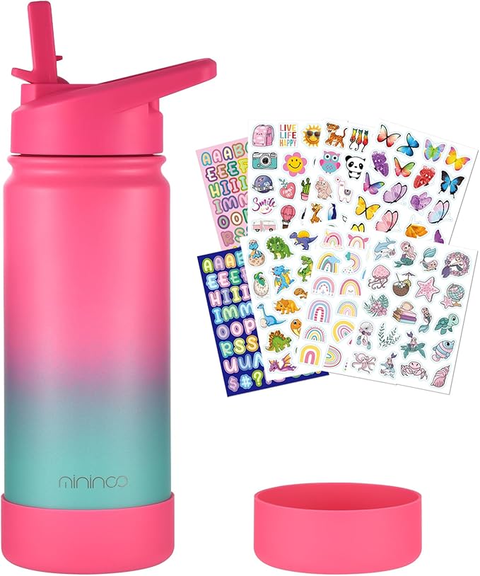 Mininoo Girls Water Bottle for School, 16oz Stainless Steel Insulated Metal Water Bottle with Straw Lid for Boys (Punch/Green)