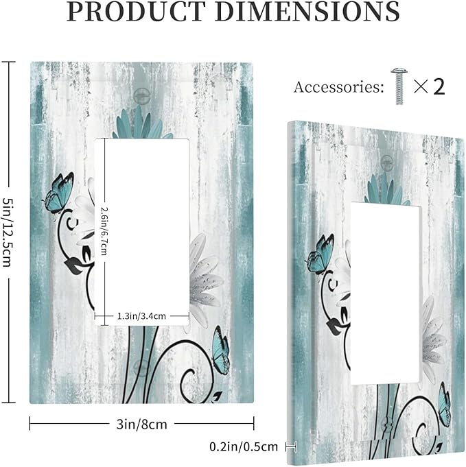 Light Switch Cover Plate Teal Daisy Floral Butterfly Vintage Wood 1 Gang Outlet Covers Single Rocker Decorative Switch plates Electrical Wall Plates GFCI Receptacle for Bathroom Bedroom Decor