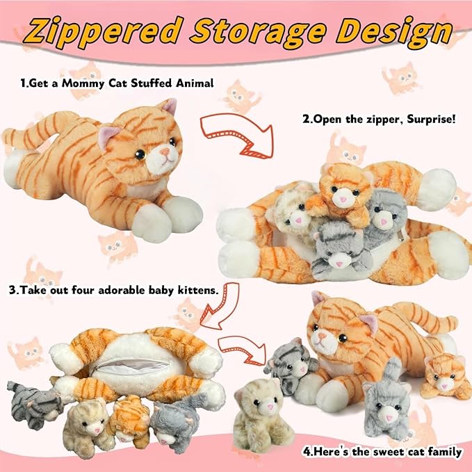 5 Pieces Cat Stuffed Animal with Babies, 1 Mommy Orange Cat Plush Toy Stuffed Cat with 4 Babies Plush Kittens, Stuffed Kitty Plush Toys for Kids Girls Boys Birthday Christmas Plush Gifts