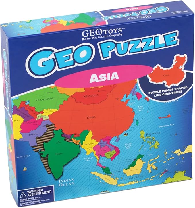 GeoToys GeoPuzzle, Asia Jigsaw Puzzles, 50 Pc Geography Game & Map Puzzle, Educational Games & Kids Learning Activities, Puzzle Gifts for Children Ages 6-9, Fun Learning Toys for Kids