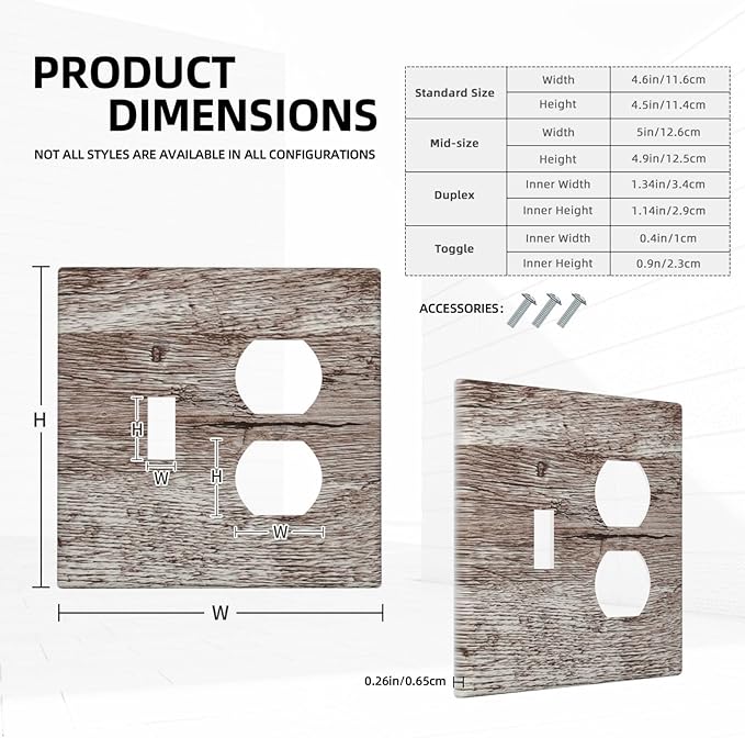 Light Switch Cover Plate Rustic Dark Grey Wood Plank Vintage Texture 2 Gang Outlet Covers 1 Toggle 1 Duplex Socket Cover Wallplates Electrical Switch Plate Covers for Farmhouse Home Decor