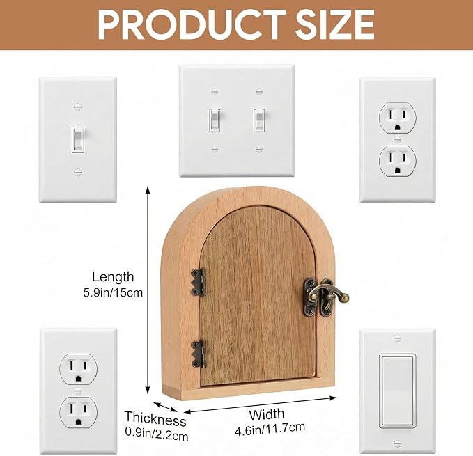 Fairy Door Outlet Cover Plate, No-Drill Decorative Outlet Covers for Pet Proofing, Handmade Wooden Door Style Light Switch Cover, Fits Standard Electrical Outlets, Easy Installation