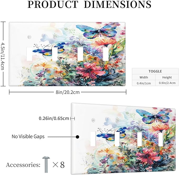Light Switch Cover Plate Watercolor Colorful Floral Butterflies Wildflowers 4 Gang Quad Toggle Decorative Switch Plates Electrical Wall Plates Faceplate for Bathroom Bedroom Decor