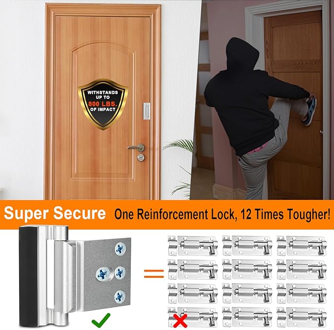 Home Security Door Reinforcement Lock, Upgraded Front Door Locks for Kids Safety Withstand 800 lbs, Child Proof Door Lock, Extra Door Lock from Inside Prevent Unauthorized Entry (2 Pack, Silver)