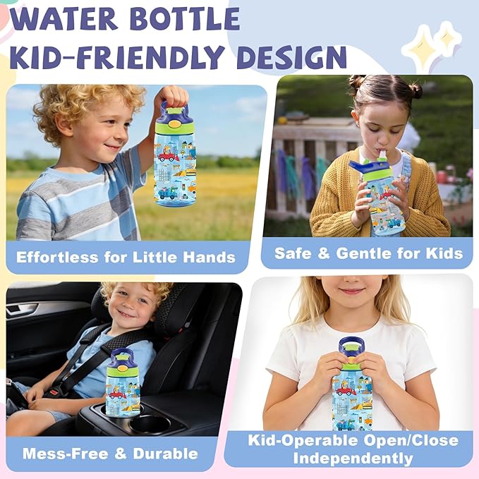 14oz Cute Cartoon Animals Kids Water Bottle with Straw Lid - Vehicles Water Bottles for Kids, Leakproof, Lightweight, Durable Plastic Bottles for School, Animal construction team Gift Cup for Teens