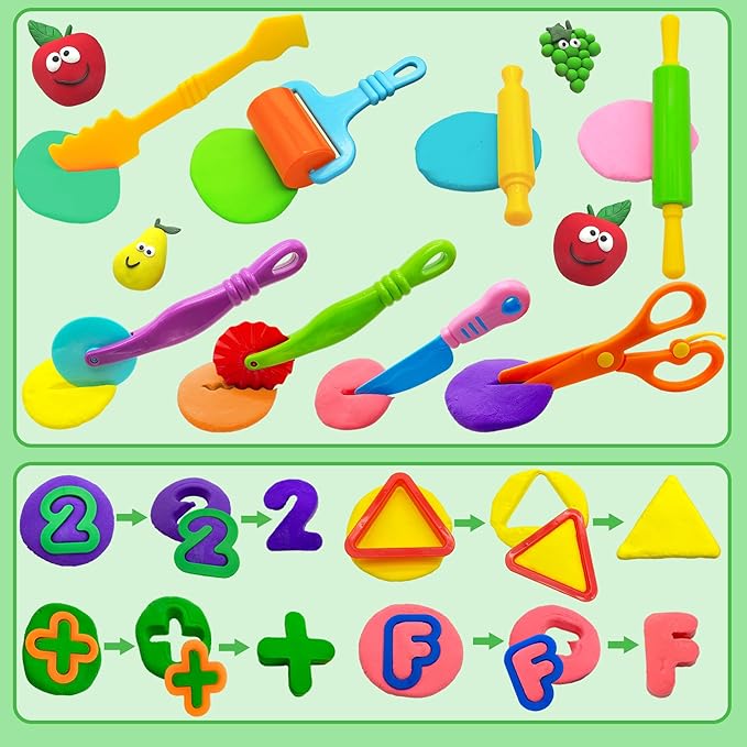 iShyan Dough Tools 55 PCS Dough Play Tools Set for Kids, Plastic Alphabet Numbers Shapes Cutters, Rollers, Scissors