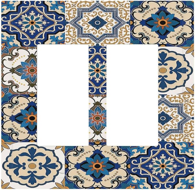 Decorative Outlet Covers Mandala Decorative Tile Talavera Moroccan Tiles 2 Gang Double GFCI Rocker Electrical Wall Panels Light Switch Cover Plate for Bedroom living Room Decor