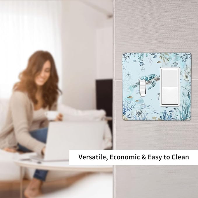 Outlet Covers Teal Blue Ocean Sea Turtle Seabed Plants 1 Toggle 1 Rocker Combination Decorative Wall Plate Light Switch Cover Plate Electrical Switch Plates for Bathroom Kids room Decor