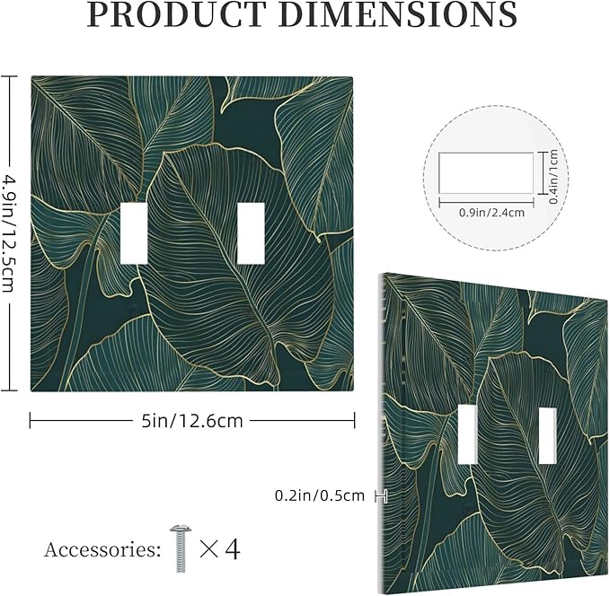 Gold Tropical Green Botanical Palm Leaves Decorative Switch Plates 2 Gang Double Toggle Outlet Light Switch Cover Wall Plate Electrical Faceplate for Bedroom Living Room Decor