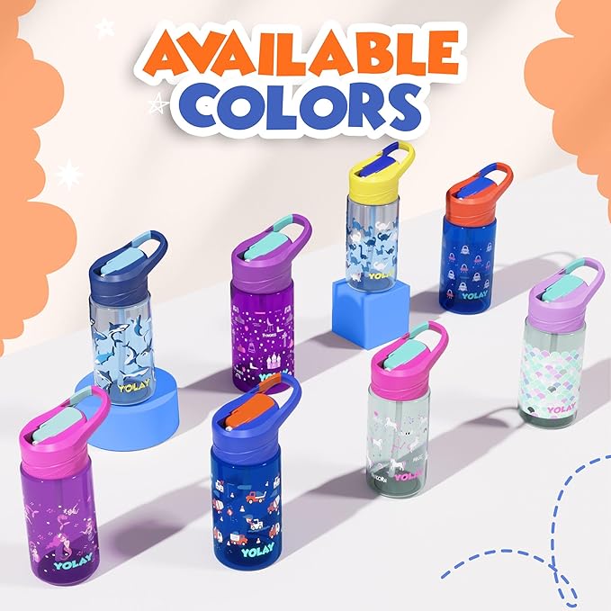 YOLAY 15oz Kids Water Bottle For School Boys and Girls, Durable Toddler Water Bottle with Straw Lid Leak-Proof, Spill Proof, Easy Clean and Dishwasher Safe with Re-Usable and BPA Free - Shark