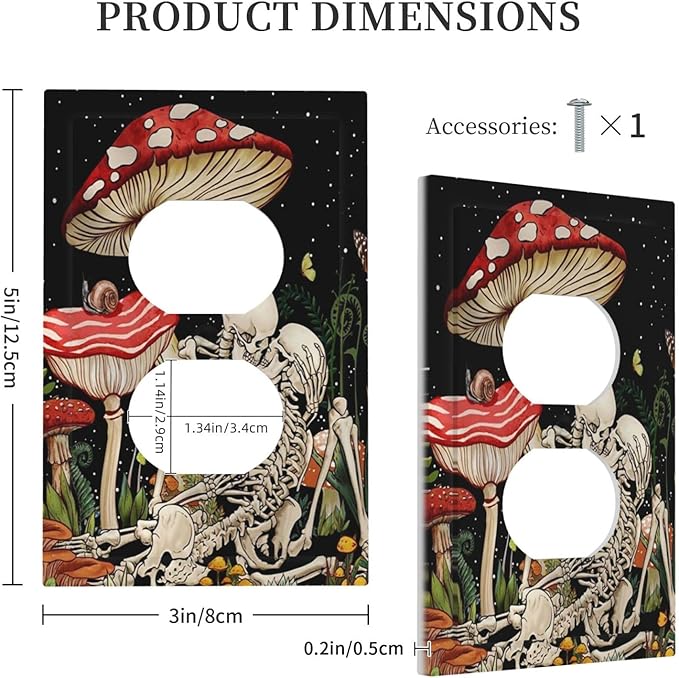 Mushroom Skull Skeleton Moon 1 Gang Outlet Plate Decorative Duplex Outlet Covers Electrical Receptacle Lightswitch Star Plants Flora Faceplate 5" X 3"