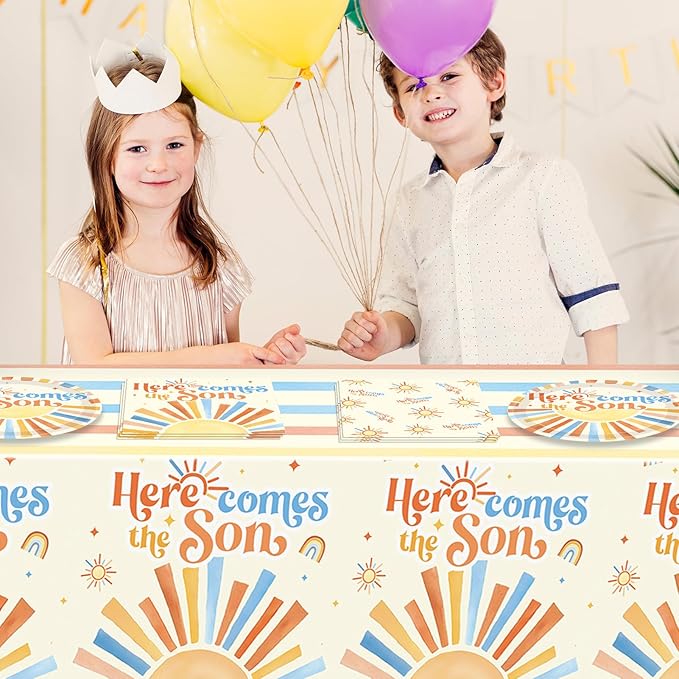 Here Comes The Son Baby Shower Decorations,Boho First Trip Around The Sun Party Supplies,Disposable Dessert Plate,Napkin,Tablecloth for It's A Boy Gender Reveal,Sun You Are My Sunshine Baby Shower