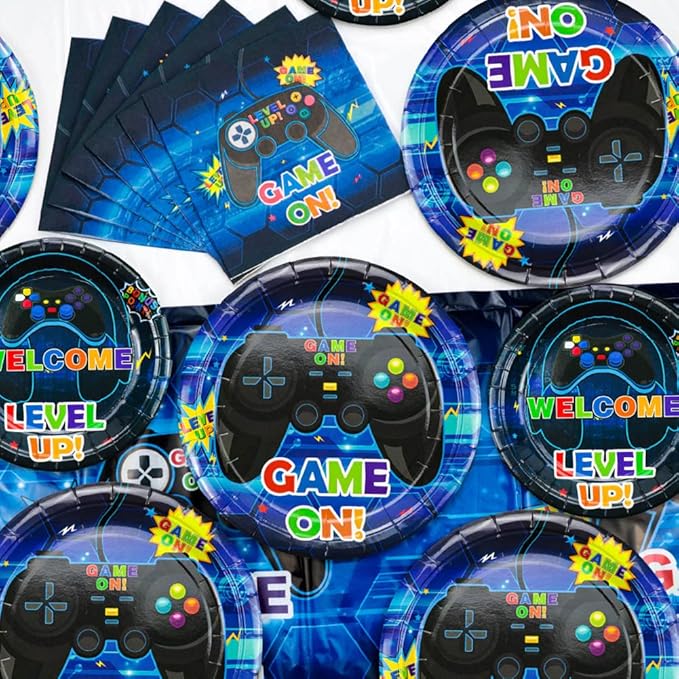 Video Game Party Supplies Serve 20-81Pcs Plates Napkins Tablecloth Forks Set for Boys Gaming Controller Party Decorations