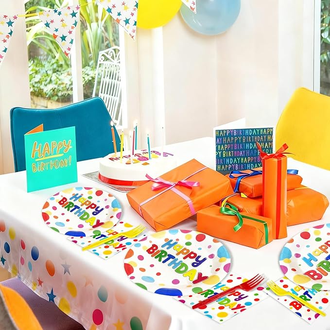 100 PCS Happy Birthday Paper Plates Napkins and Forks Set Serve 25, 9 Inches and 7 Inches Colorful Polka Dots Cake Dessert Plates Disposable Dinnerware Tableware Decor for Dinner Bday Party Supplies