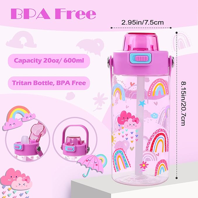 Queenshin Girls Rainbow Water Bottle for School 20oz BPA-Free Tritan Outdoor Kids Sports Water Cup Leak Proof with Straw Lid Handle Pop-Up Spout Cover