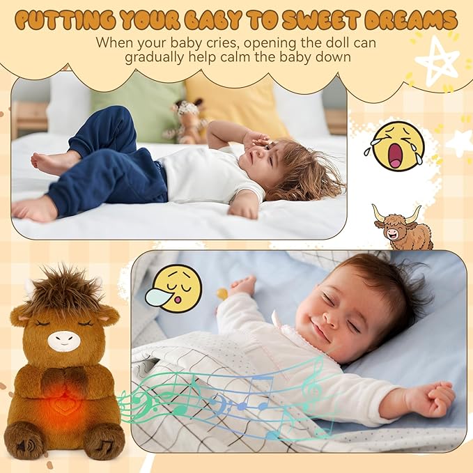 Breathing Stuffed Animal, Highland Cow Plush Soothing Baby Toy, Soothing Sound Machine Plushies with Calming Music, Lights, Breathing Motion Doll for Kids Boys Girls