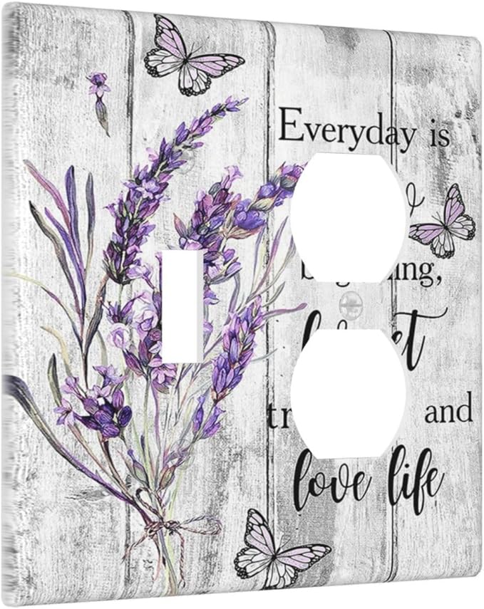 Decorative Outlet Covers Lavender Flower Purple Floral Butterfly on Plank Inspirational quotation 2 Gang Wall Plate Single Toggle Duplex Light Switch Cover Switch Plate Covers Faceplate