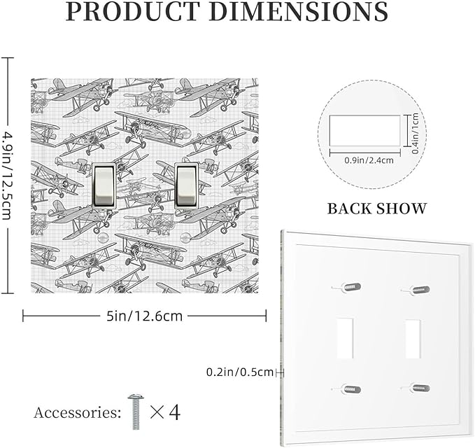 Vintage Biplane Double Toggle Switch Cover - 2-Gang Standard US Size Aviation Blueprint Grid Light Switch Covers, Retro Pilot Dream for Boys Room