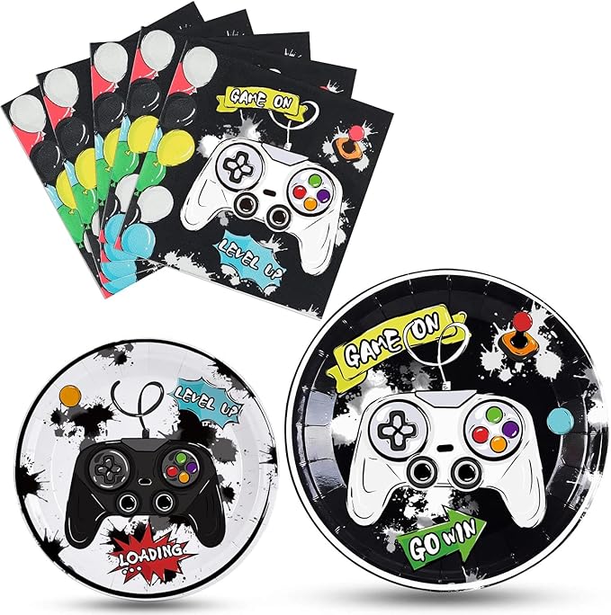 WERNNSAI Gamer Birthday Party Decorations - 48 PCS Birthday Plates and Napkins Black Boy Party Decorations Video Game Plates and Napkins for Boys Game Lovers Parties Supplies