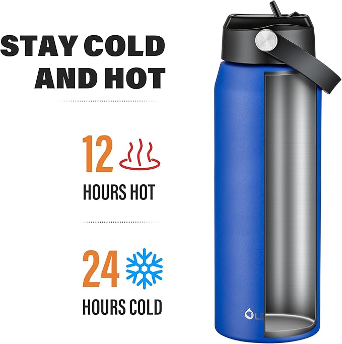 Oldley 24oz Insulated Water Bottle with Straw, Stainless Steel Water Bottle for Sports, Travel, School, BPA-Free Sports Bottles for Adult Kids, Leak-Proof, Klein Blue
