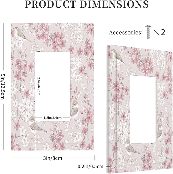 Pink Sakura Cherry Blossom Vintage Bird Floral Flower Decorative Outlet Covers 1 Gang Single Rocker Light Switch Cover Plate Wall Plates GFCI Faceplate for Bedroom Living Room Decor