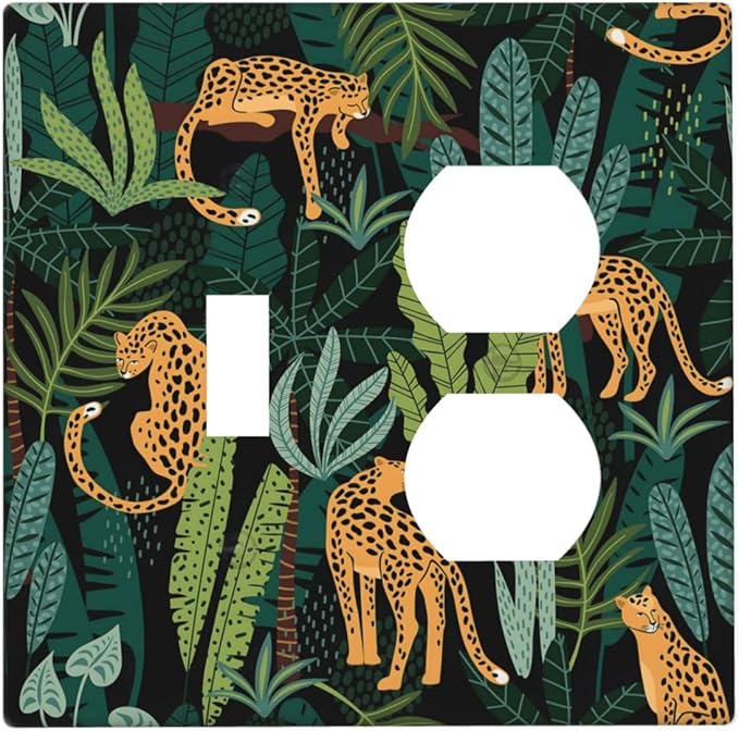 Jungle Cheetah Tropical Wildlife Leopard Green Palm Leaf Wallplates 1 Toggle 1 Duplex Switch Plate Electrical GFCI Faceplate Decorative Light Switch Covers for Farmhouse Home Decor