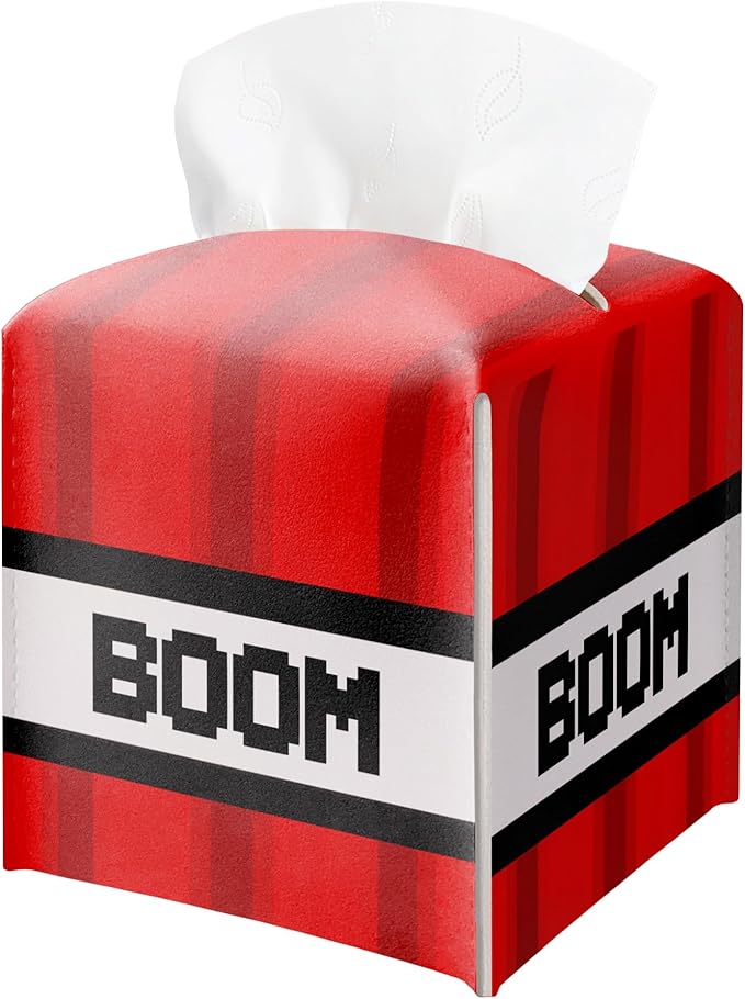 Pixel Tissue Box Cover, Tissue Box Holder Square Leather Facial Paper Organizer, Themed Red and White Pixel Art Design, Birthday Party Supplies, Baby Shower Decorations