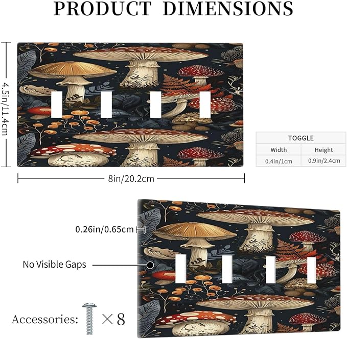 Light Switch Cover Plate Vintage Mushroom Floral 4 Gang Quad Toggle Wall Plate Electrical Outlet Cover Decorative Switch Plate Covers for Bedroom Kids room Decor