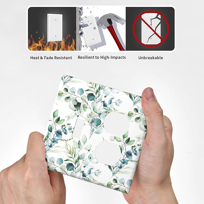 Green Eucalyptus Sage Leaves Combination 1-Toggle 1-Duplex Receptacle 2 Gang Wall Plate, Spring Elegant Watercolor Greenery 2 Gang Combo Single Toggle/Light Switch One Duplex Outlet Faceplate Cover