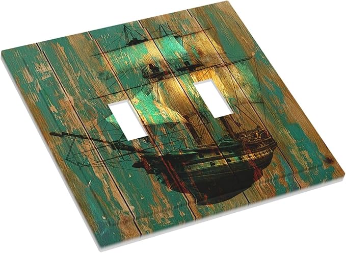 Decorative Switch Plates Rustic Green Wood Grain Sailboat 2 Gang Double Toggle Wall Plate Outlet Light Switch Cover Electrical Faceplate for Farmhouse Bedroom Decor