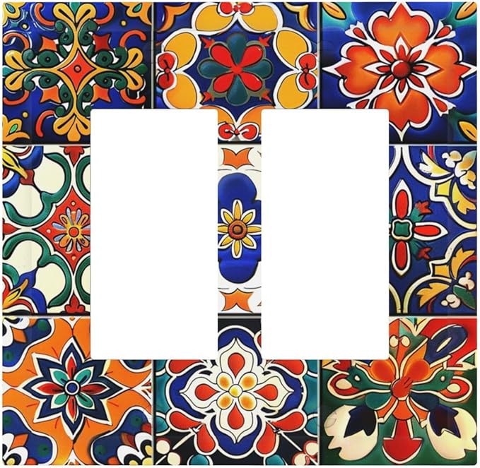 Decorative Outlet Covers Colorful Mexican Talavera Vintage Boho Floral 2 Gang Double Gfci Rocker Electrical Wall Panels Light Switch Cover Plate For Farmhouse Cabin Decor