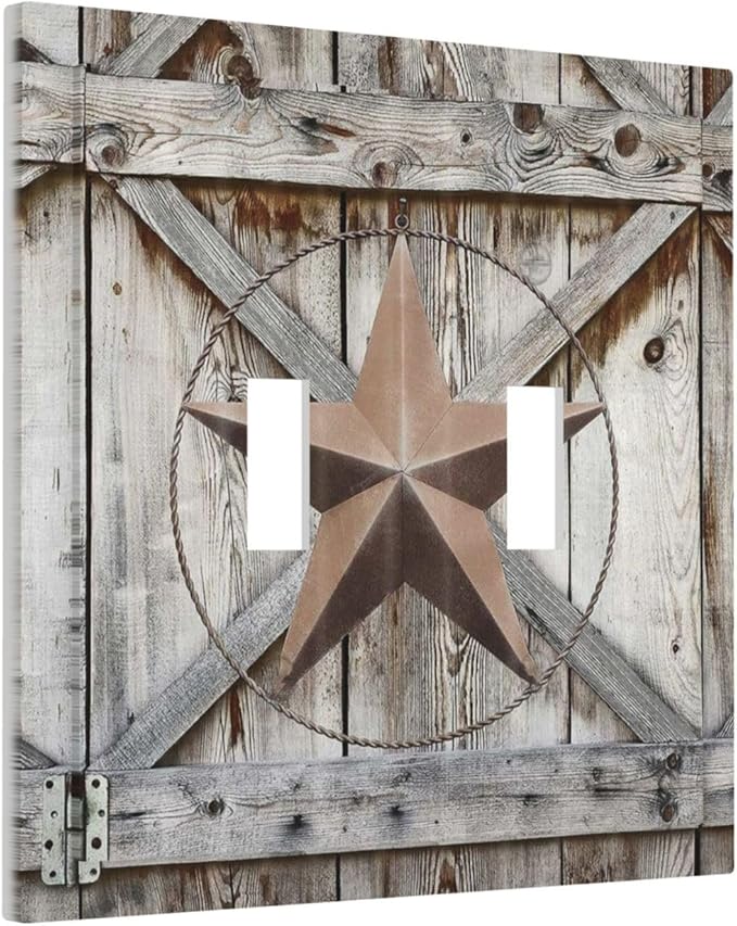 Rustic Western Texas Star Barn Door Double Toggle Light Switch Cover Decorative Vintage Wood 2 Gang Wall Plate Electrical Faceplate Switchplate for Farmhouse Bathroom Home Living Room Decor