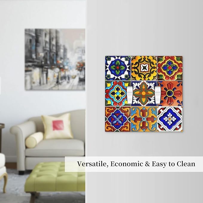 Vintage Colorful Boho Mexican Moroccan Tile Decorative Switch Plates 2 Gang Double Toggle Outlet Light Switch Cover Wall Plate Electrical Faceplate for Farmhouse Home Decor