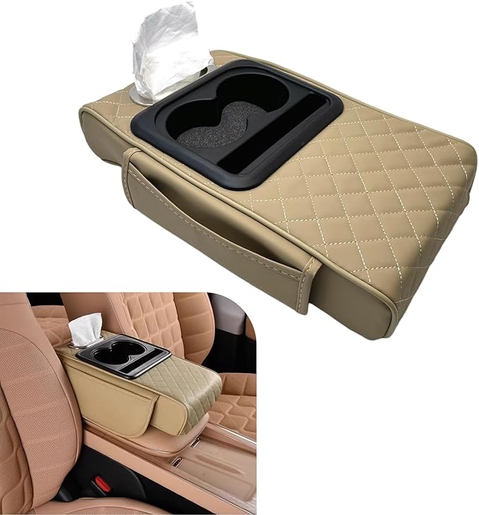 Car Center Console Cover, Upgrade 5-in-1 Genuine Leather Thickened Armrest Box, Armrest Storage Box with Cup, Universal Car Accessories Interior Organizers, for Most Cars (Beige)