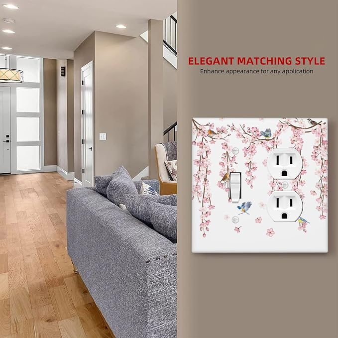 Pink Cherry Blossom Flower Vine Floral Tree Branch Birds Wallplates 1 Toggle 1 Duplex Switch Plate Electrical GFCI Faceplate Decorative Light Switch Covers for Bedroom Living Room Decor