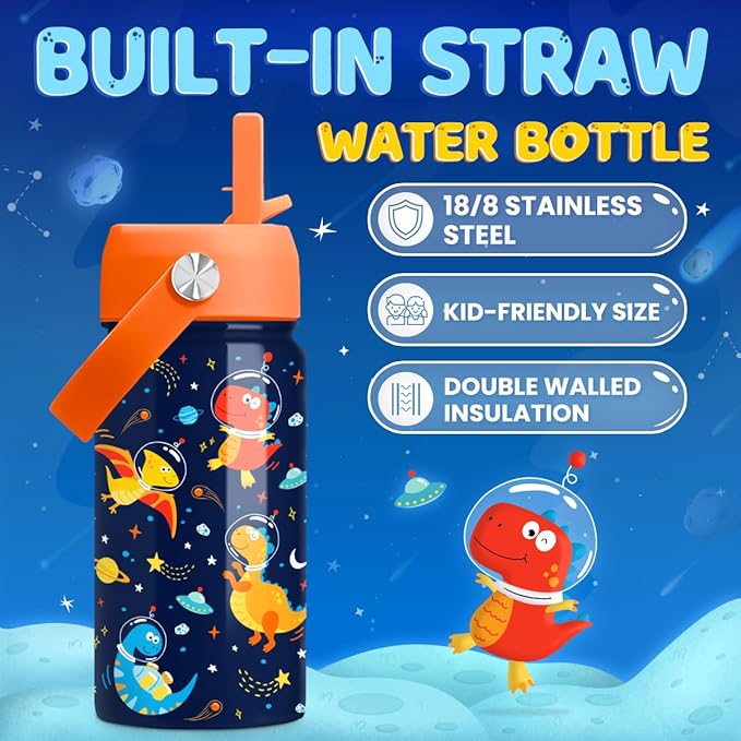 Kids Water Bottle with Straw Lid - 12 Oz Insulated Stainless Steel Dinosaur Water Bottles for Kid Boys - Travel Cup for School Sports