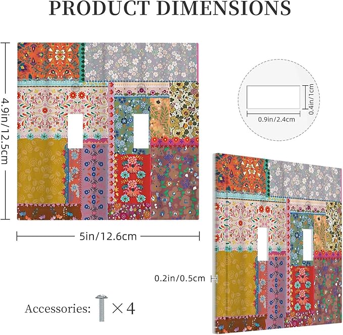 Light Switch Cover Boho Patchwork Bohemian Stitching Colorful Floral 2 Gang Wall Plate Double Light Switch Plate Toggle Decorative Outlet Covers Electrical Switchplate for Bathroom Home Decor