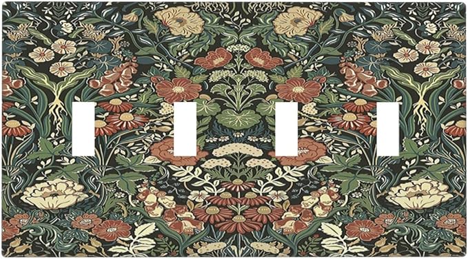 Light Switch Covers Vintage Dark Floral William Morris Green Flower Quad Toggle Electrical Faceplate 4 Gang Wall Plate Decorative Switch Plates for living Room Home Decor