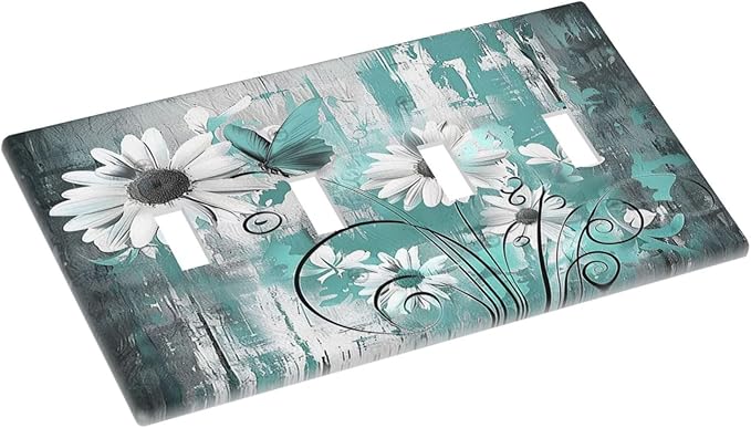 Light Switch Covers Teal Daisy Floral Vintage Wood Plank Quad Toggle Electrical Faceplate 4 Gang Wall Plate Decorative Switch Plates For Farmhouse Cabin Decor