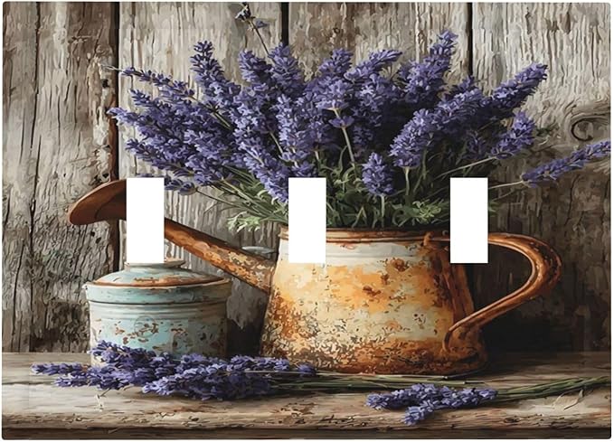 Rustic Flowers Lavender Purple Floral Oil Painting Decorative Switch Plates 3 Gang Wall Plate Triple Toggle Light Switch Cover Faceplate Electrical Wall Panels for Farmhouse Bedroom Decor