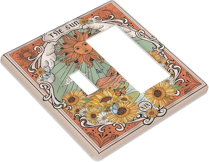 Boho Retro Sun Sunflower Vintage Flower Butterfly Outlet Covers 1 Toggle 1 Rocker Combination Decorative Wall Plate Electrical Switch Plates Light Switch Cover Plate for Farmhouse Home Decor