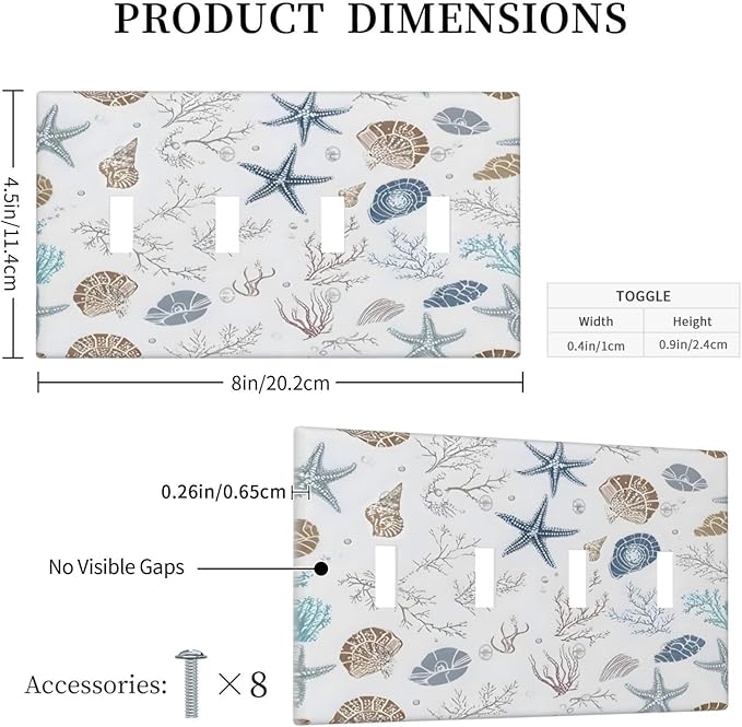 Ocean Starfish Seashells Nautical Coastal Sea Coral Light Switch Covers Quad Toggle Electrical Faceplate 4 Gang Wall Plate Decorative Switch Plates for Kids Room Nursery Decor