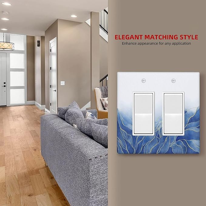 Decorative Outlet Covers Blue Gold Leaf Marble Modern Abstract 2 Gang Double Rocker Light Switch Cover Decorative Switch plates Electrical Wallplates GFCI Receptacle for Kitchen Bathroom Decor