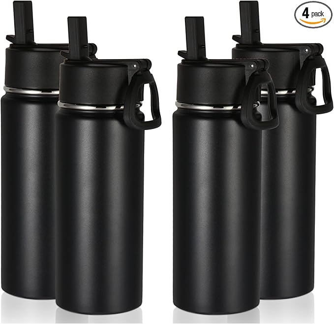 Volhoply 16 OZ Kids Water Bottle Bulk 4 Pack,Insulated Sports Bottles with Straw Lid,Stainless Steel Bottle with Handle Keep Cold & Hot,Double Wall Vacuum Tumbler Cups for School,Girls(Black, 4)