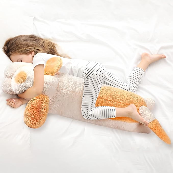 Queekay Dog Body Pillow Stuffed Animals Plush Long Body Pillow for Dogs Large Sleeping Hugging Puppy Cushion Gift for Birthday Party(43.3 Inch,Beige)