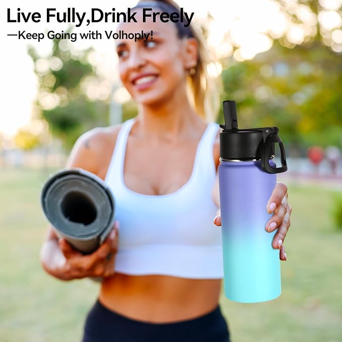 Volhoply 18oz Insulated Water Bottle Bulk 2 Pack,Kids Stainless Steel Water Bottles with Straw Lid,Double Wall Vacuum Metal Cups,Wide Mouth Reusable Sports Flask For Cold Drink(Purple Blue,2 Set)