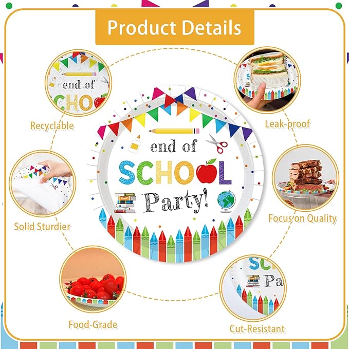 MEHOFOND End of School Party Decorations Tableware Set 193 Pcs, School Out Graduation Disposable Plates Cups Napkins Cutlery with Plastic Tablecloth for Kids Classroom Graduation Party