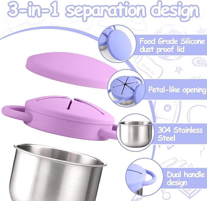 Mity rain Stainless Steel Snack Containers for Toddlers with Spill-Proof Silicone Lids Handles - 3-in-1 Baby Snack Cups, No-Spill Toddler Snack Box (Blue+Purple, Two piece set)